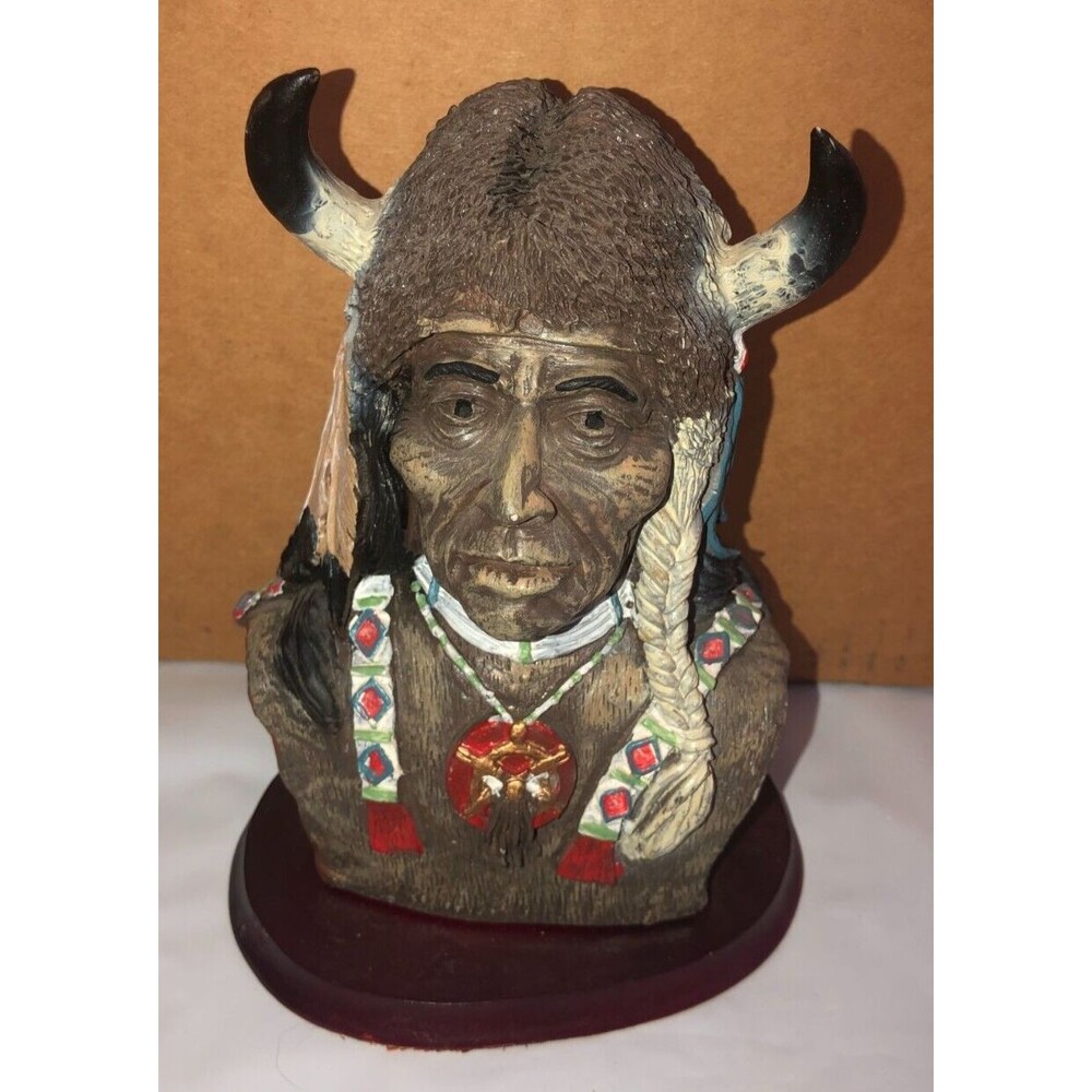 Resin Native American Chief Head Horns Bust Statue 6.5” Figure Braids Wood Base
